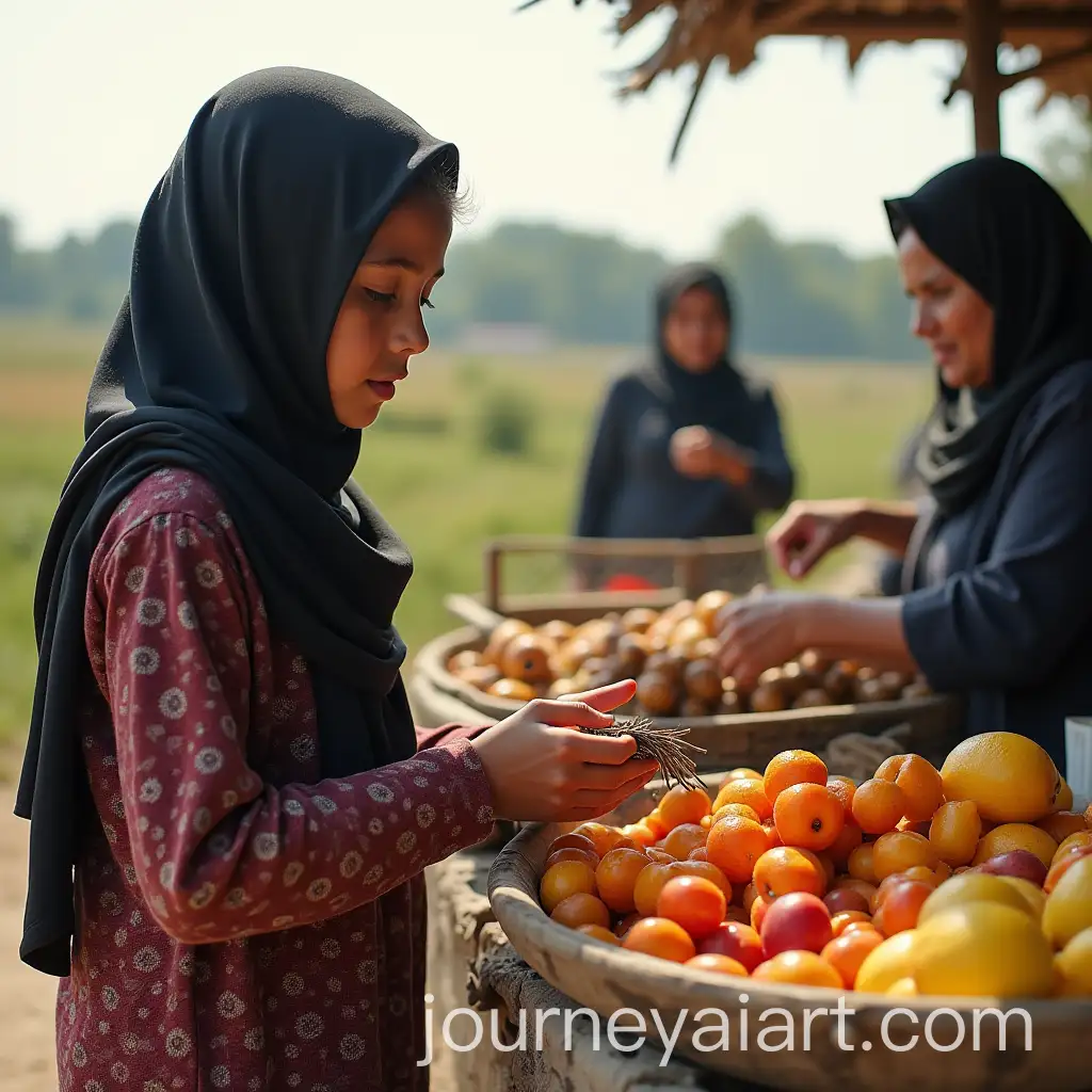Licorice-Seller-and-Fruit-Vendor-in-the-Countryside-with-a-BurqaClad-Shopper