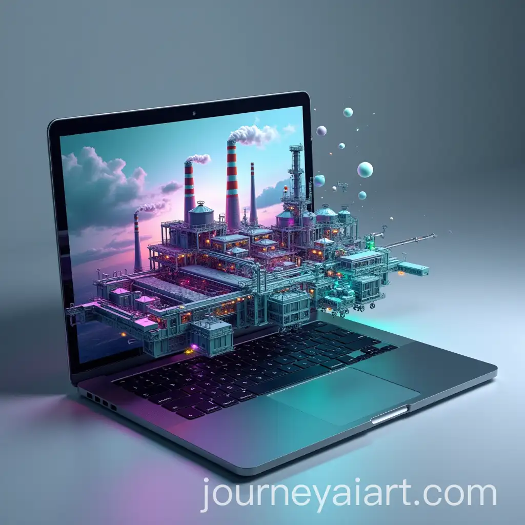 Sleek-Dark-Gray-MacBook-Displaying-3D-Factory-in-Motion-with-Green-and-Blue-Accents