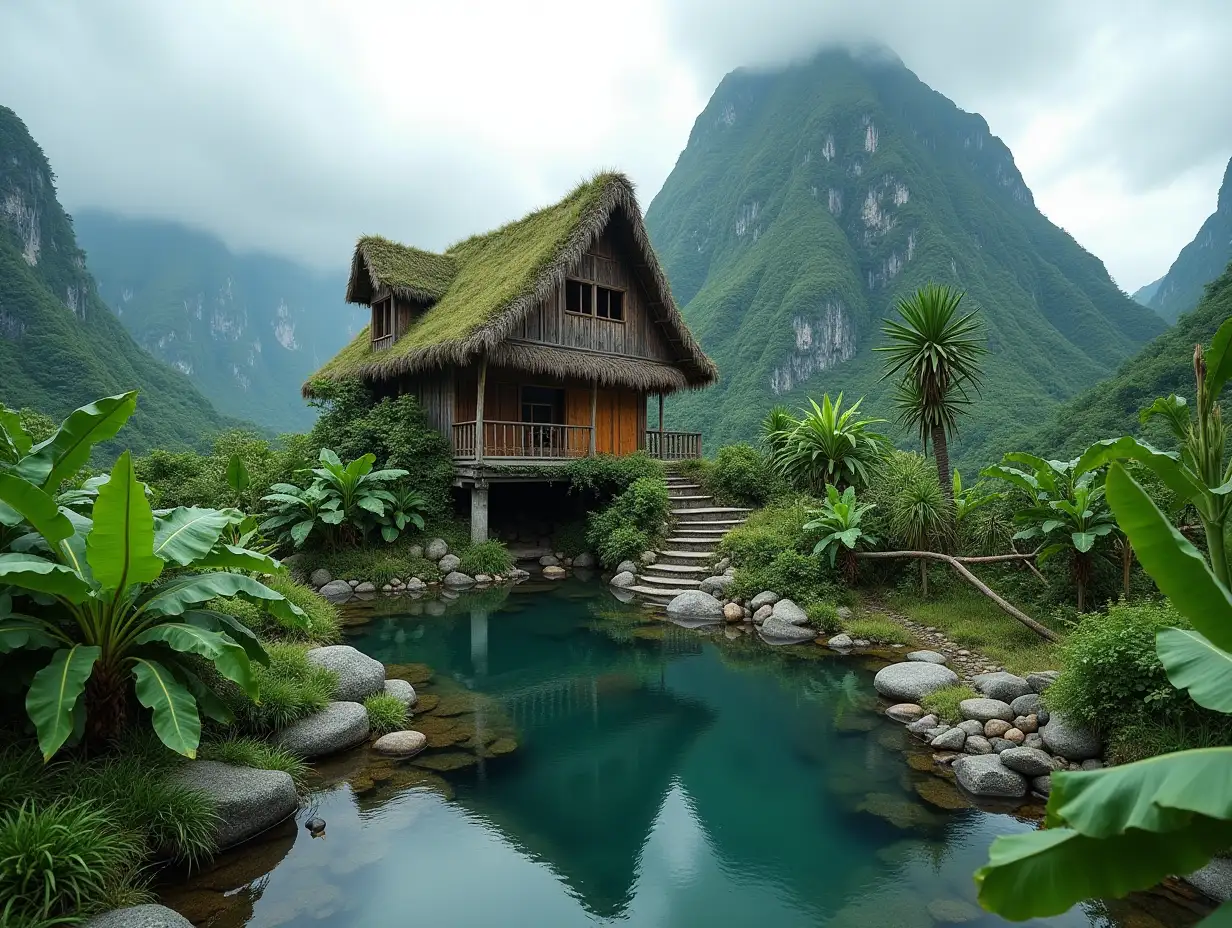 crooked Camouflage house on a mountain  And a pond with waterfall  at with banana plants  4K-resolution superwide-angle shots