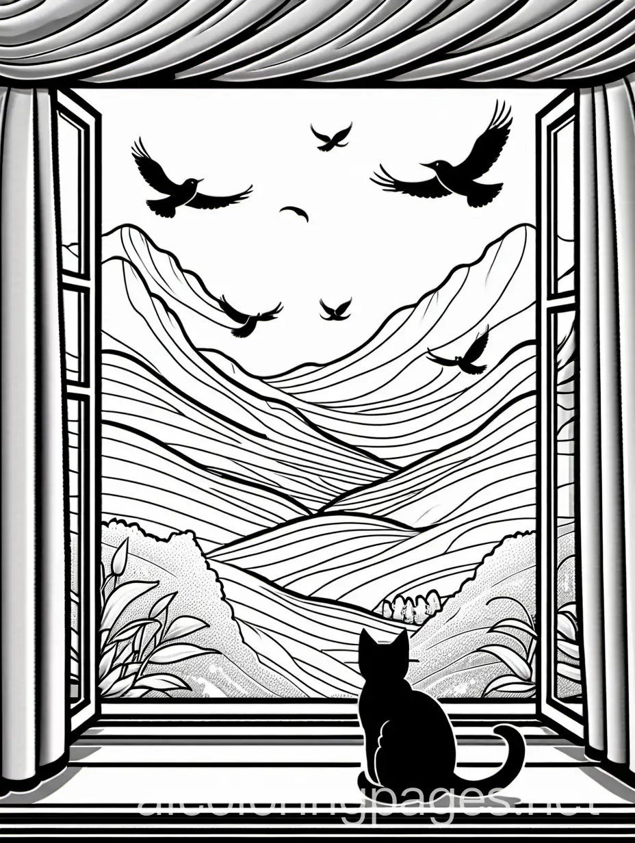 Cat-Observing-Birds-Through-a-Window-Coloring-Page