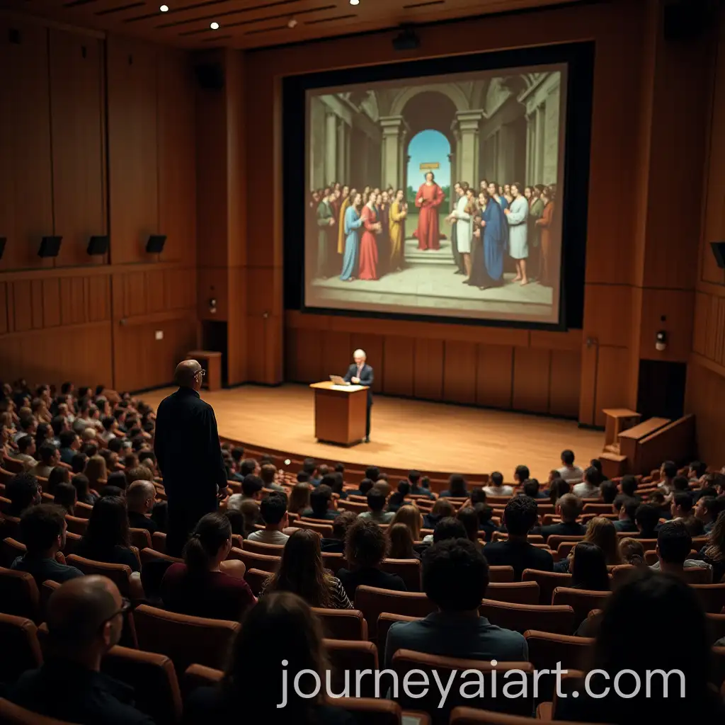 Professor-Giving-Lecture-in-Amphitheater-with-Leonardo-da-Vincis-Annunciation-in-Background