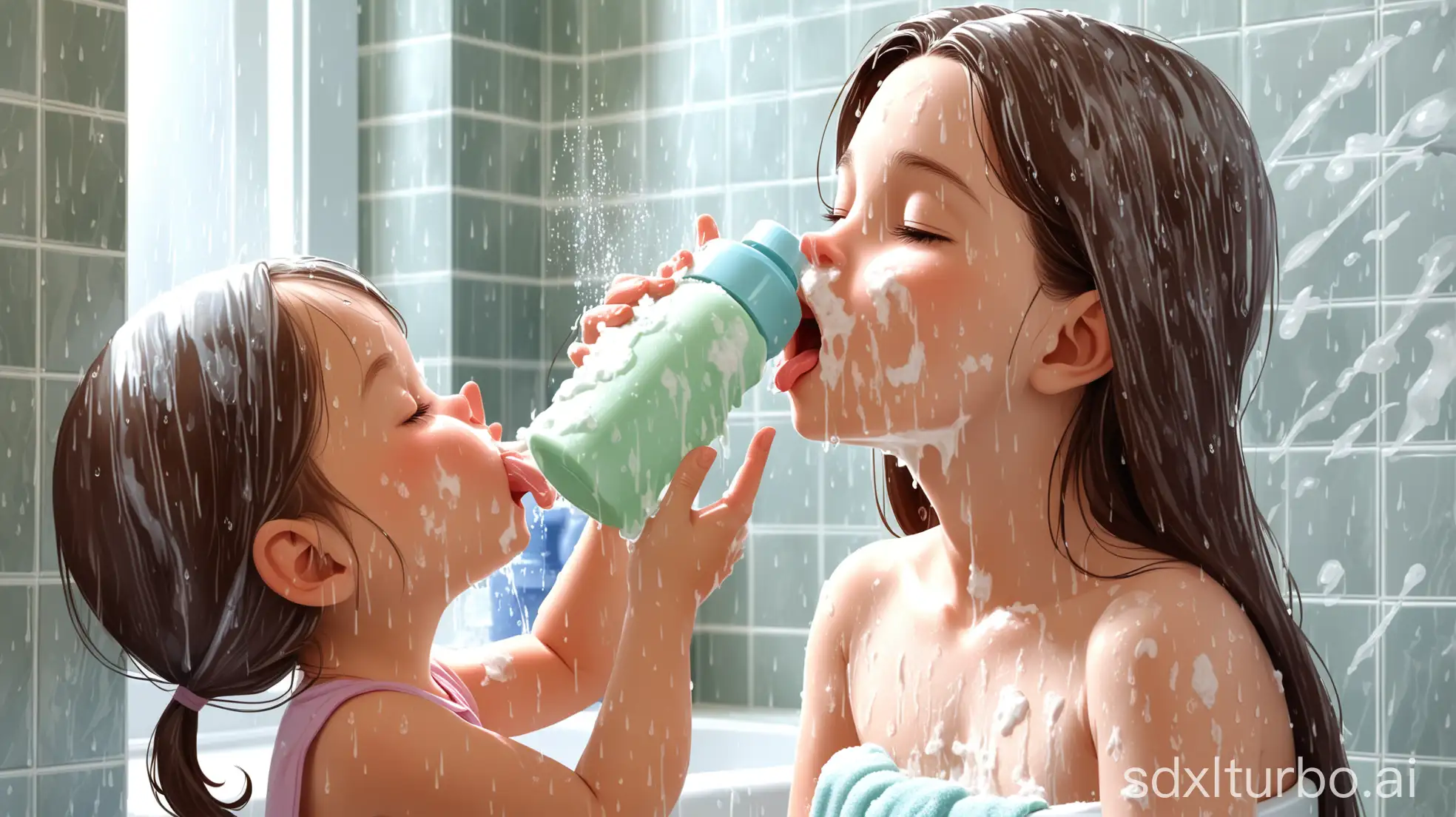 Mother-and-Daughter-Washing-Hair-with-Soap-in-Rainfall-on-Marbled-Tiles