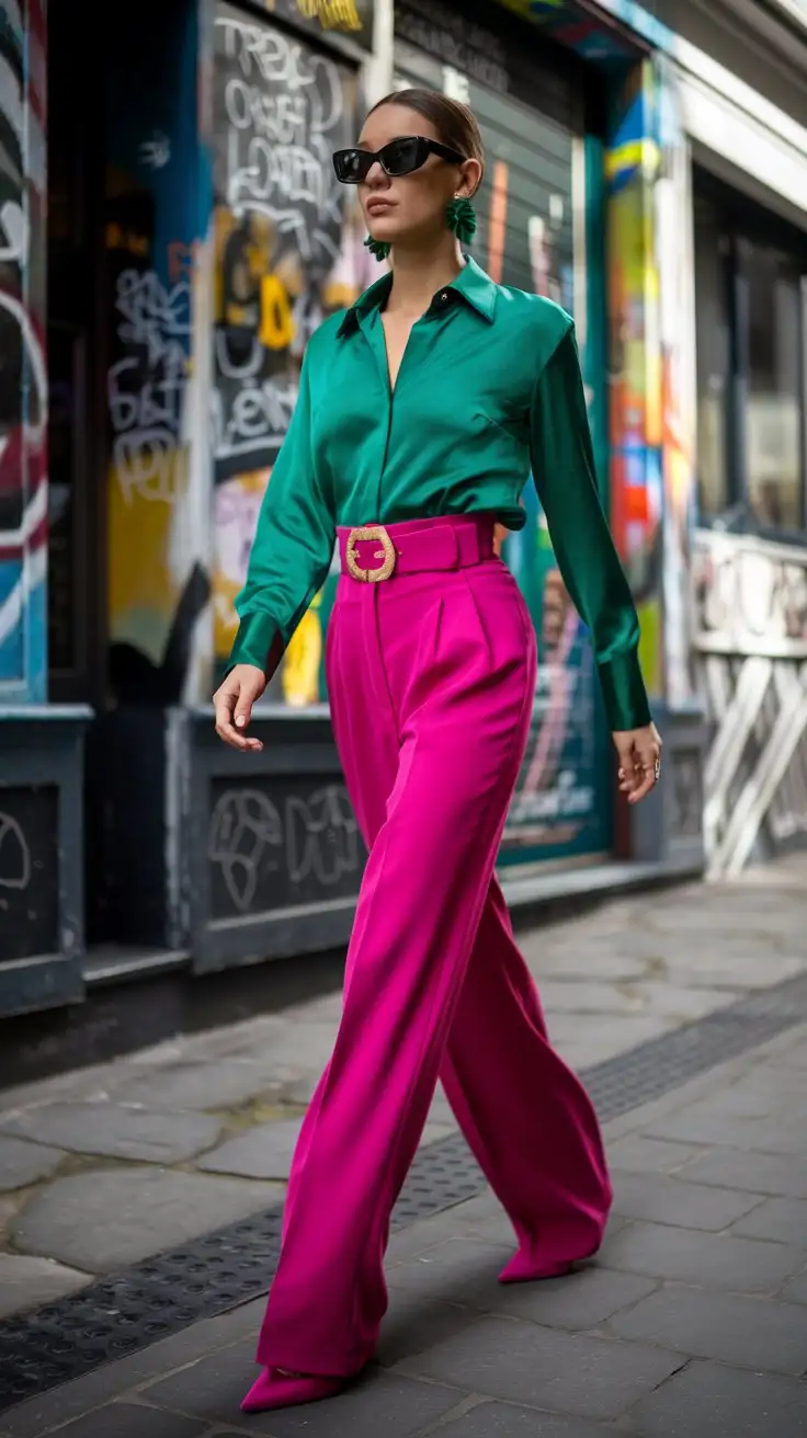 Full body shot of a stylish woman walking down a city street with vibrant graffiti art in the background, wearing Chromakopia separates, emerald green silk blouse tucked into high-waisted fuchsia pink trousers, wide leg, flowing fabric, statement belt with a gold buckle, bold emerald green earrings, bright pink pointed heels, sunglasses, confident stride, street style fashion, dynamic composition, natural light with shadows, --ar 2:3 --zoom 1.5 --v 5 --style raw --stylize 750