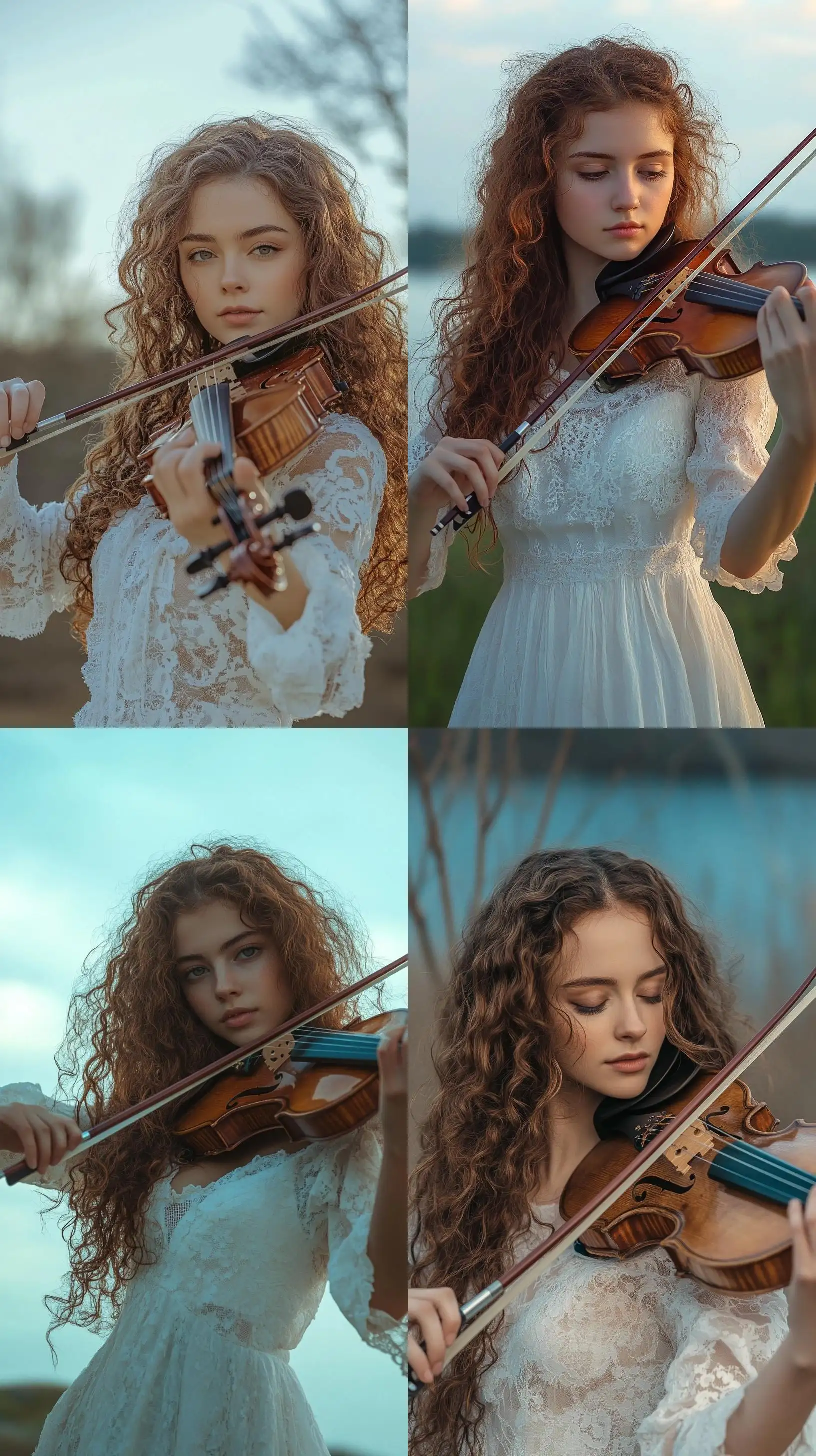 Young-Woman-Playing-Violin-in-White-Lace-Dress