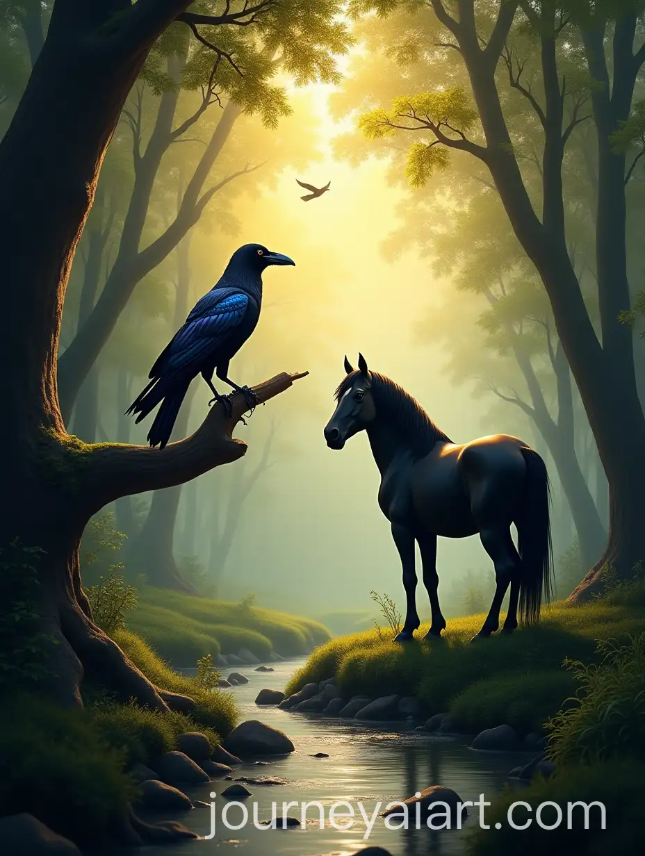 Serene-Valley-Forest-at-Dawn-with-Black-Crow-and-Horse-by-Brook