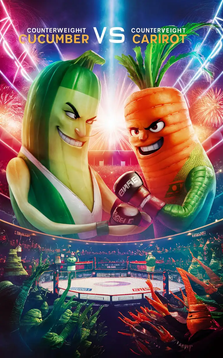 design a mma counterweight fight poster featuring"counterweight cucumber vs. counterweight carrot" breathtaking visuals