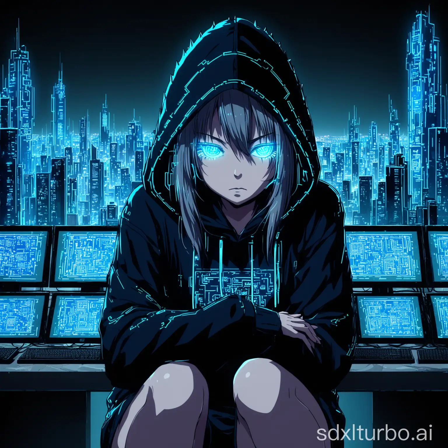 Create an image of a anime girl, cyber hacker character wearing a dark hoodie with the hood up, glowing blue eyes that seem to pierce through the screen as if staring directly at the viewer. Her facial expression is a mix of intensity and suspicion, with a hint of mischief. The background should be a dark, neon-lit cityscape at night, with subtle hints of code and circuitry patterns. The hacker's skin should have a slight blue undertone, as if illuminated by the glow of her computer screen. Specific details: Age: Late teens to early twenties Hair: Short, spiky, and dark, with a few stray strands framing her face Eyes: Glowing bright blue, with vertical pupils that seem to narrow as she gazes at the viewer Hoodie: Dark grey or black, with a subtle sheen to suggest a high-tech material Facial expression: A mix of determination, intensity, and a hint of amusement, as if she's enjoying the thrill of the hack Posture: Leaning forward slightly, with her elbows resting on her knees and her hands clasped together in front of her Background: A dark, neon-lit cityscape at night, with skyscrapers and towering buildings that seem to stretch on forever. Incorporate subtle hints of code and circuitry patterns into the design Color palette: Dark blues and greys, with accents of neon pink and green to suggest the glow of computer screens and city lights. No expression. Style: Anime.