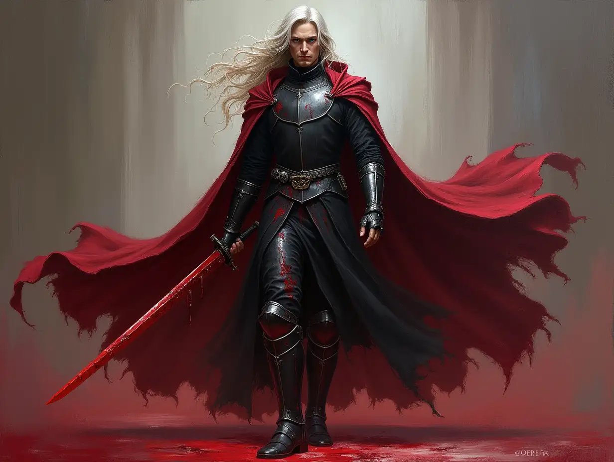 user_prompt: Oil painting, Dark fantasy, male character, full length, knight of blood, clean black metal armor, light armor, black clothes with bloody stains, black bloodstained tunic under the armor, rolled up sleeves, bare forearms and hands, bloody dark red cloak with collar, blue eyes, long wavy pale hair, bloody saber, one sword, long hair, cloak fluttering in the wind, blood magic, curved sword all over blood, stern face, dynamic pose, medieval gothic, scars on hands, bare hands, pointed boots, greaves, bloody bandage