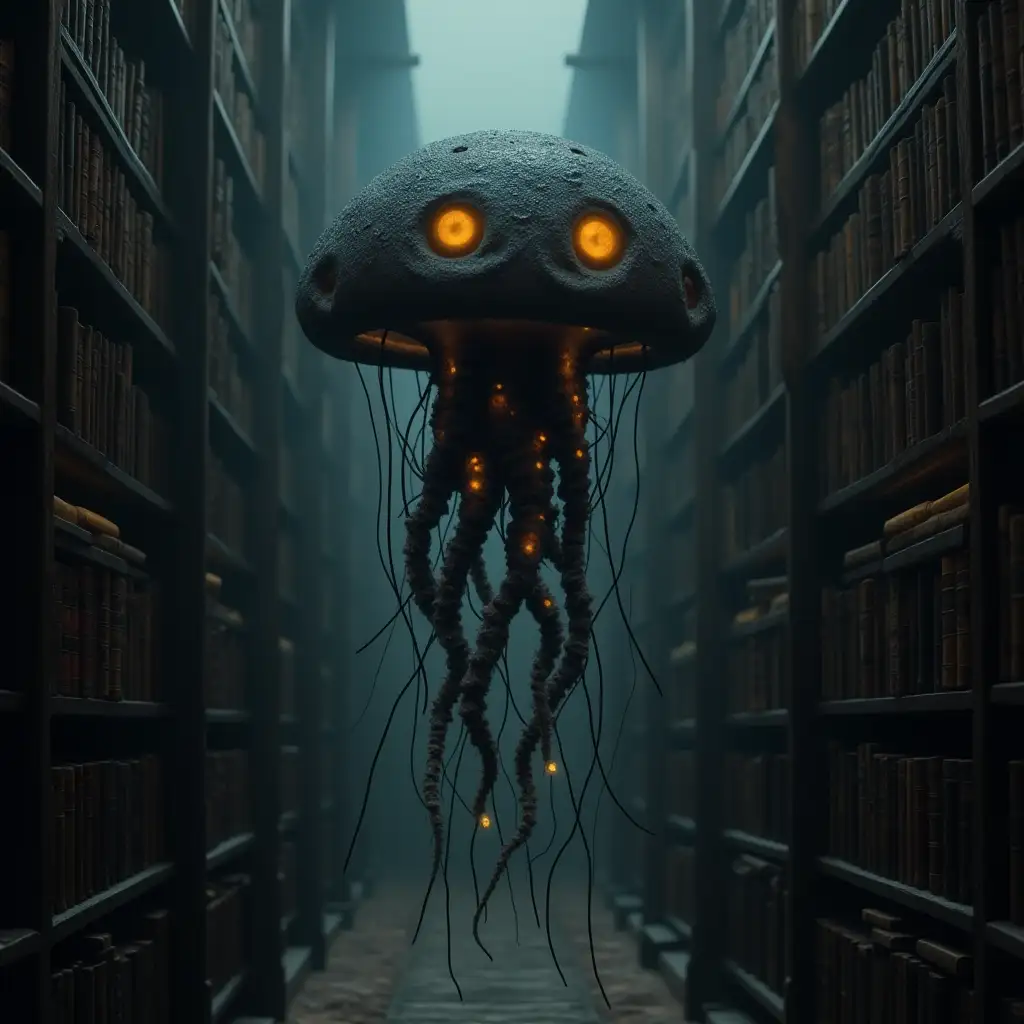 Mystical-Black-Jellyfish-Floating-in-Ancient-Library-with-Yellowed-Energy
