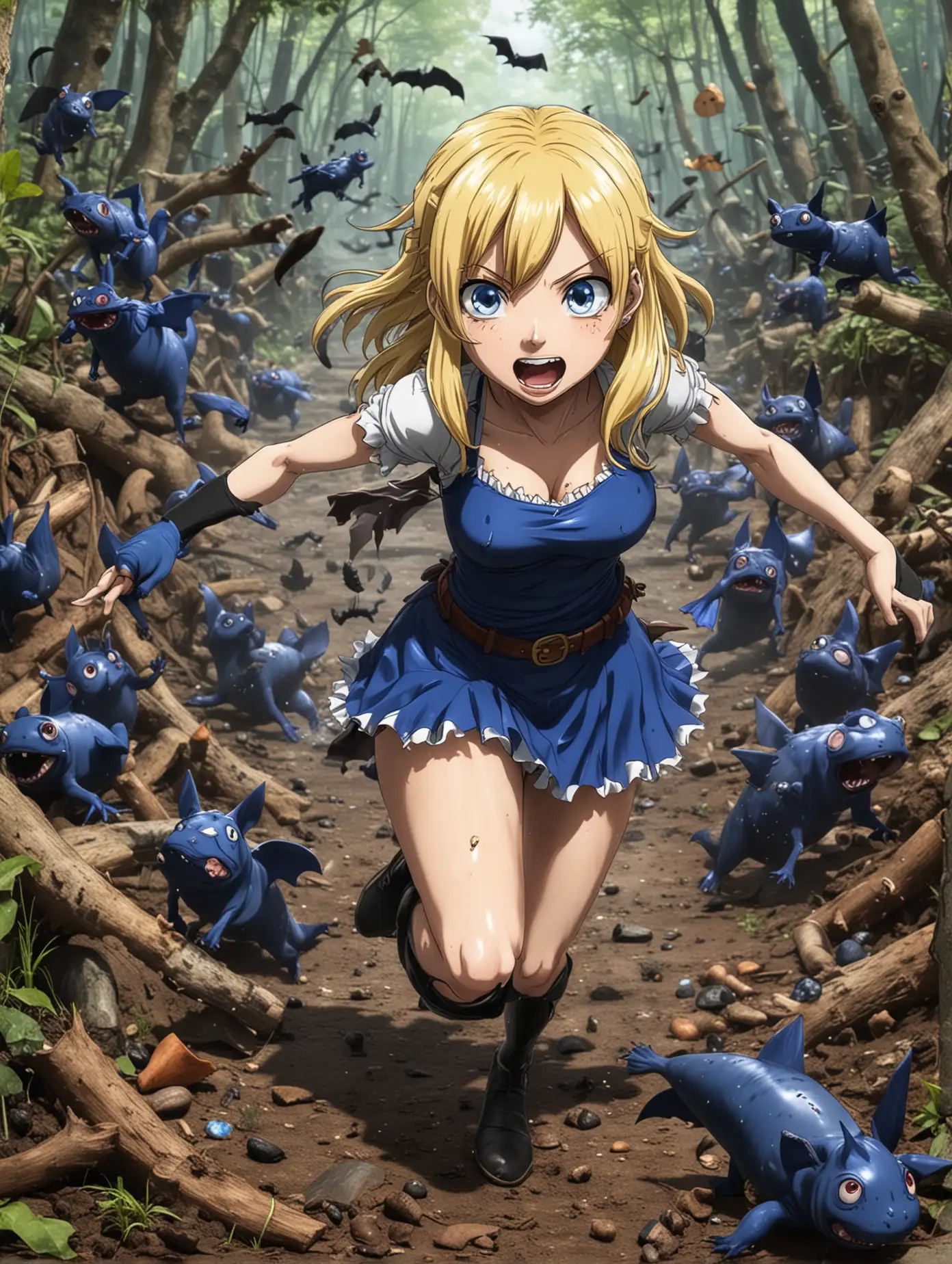 Lucy from Fairy Tail is attacked by a group of slugs, she picks up a bat and beats them black and blue. Slugs run away in fear and hide in corners