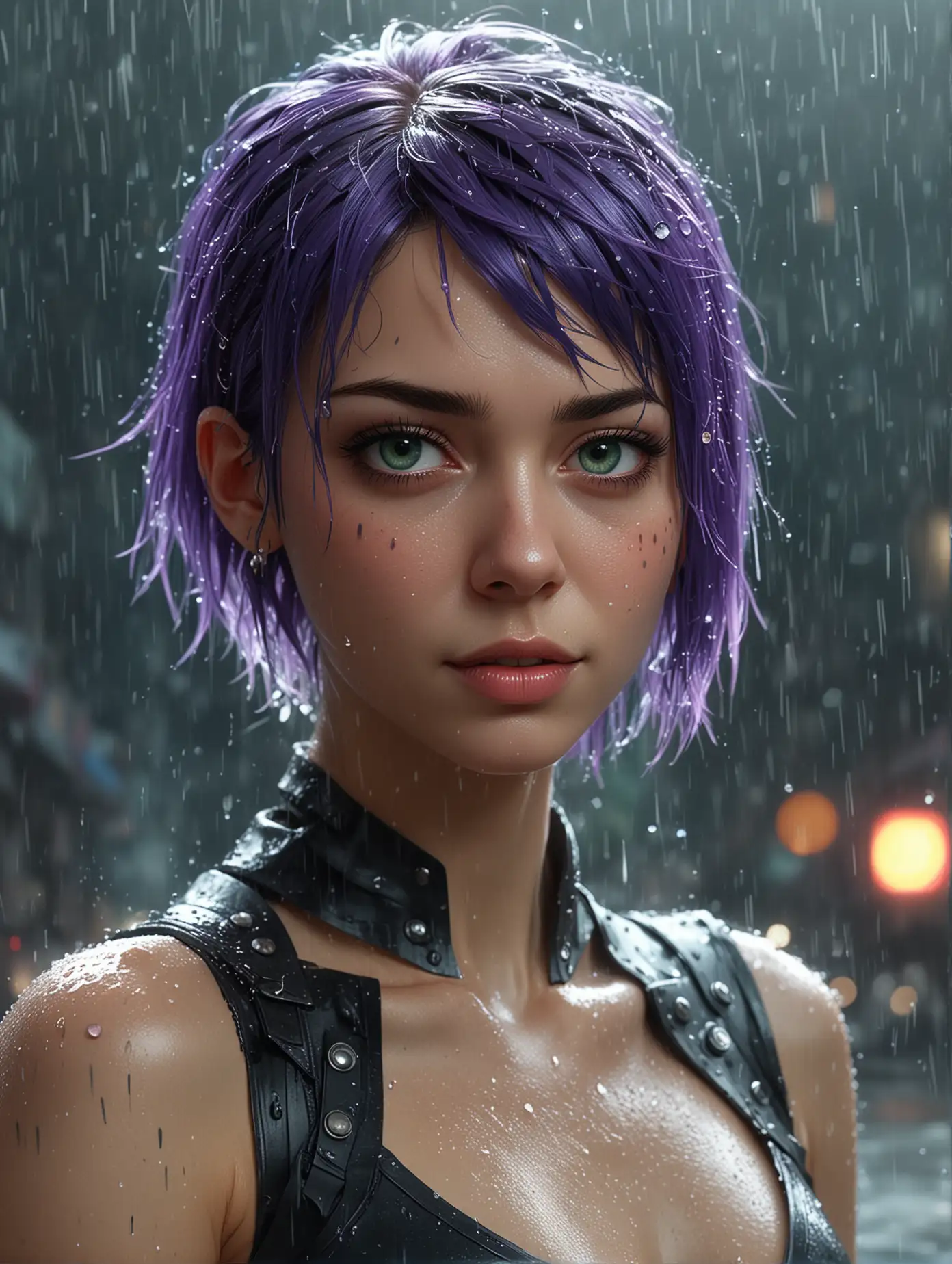 Resolute-Young-Woman-in-Futuristic-Bodysuit-Smirking-in-Rain