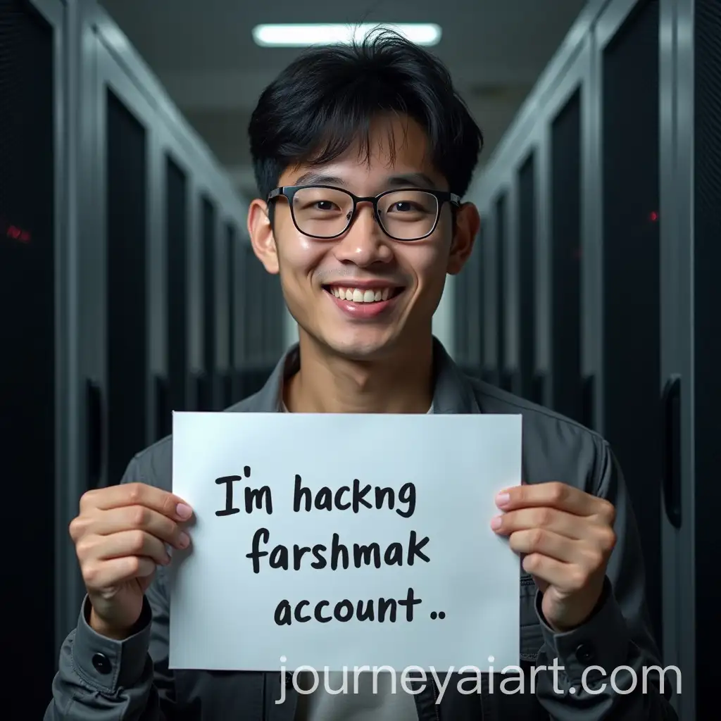 Smiling-Chinese-Student-with-Handwritten-Text-in-Data-Server-Room