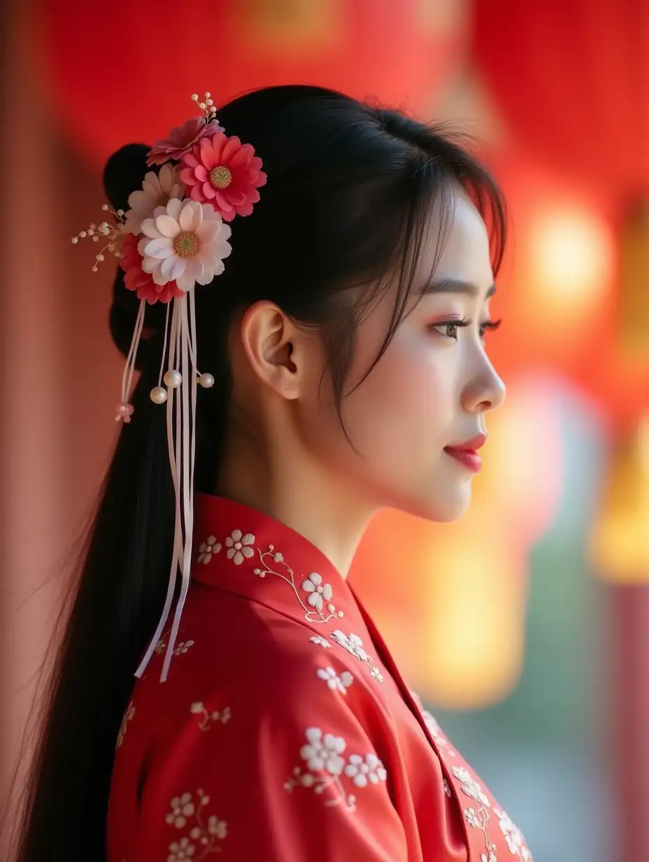 A side profile portrait of a young woman in traditional Chinese hanfu dress, photographed in a soft, dreamy style. She wears a bright red silk hanfu with white floral embroidery details. Her long dark hair is adorned with delicate pink and white fabric flowers, pearls, and trailing white ribbons in a traditional hair ornament. The background features blurred red Chinese lanterns creating a bokeh effect. The lighting is soft and natural, emphasizing her elegant profile and the glossy texture of the silk garment. The color palette focuses on red, pink, and white tones. Shot with shallow depth of field, creating a cinematic portrait effect.