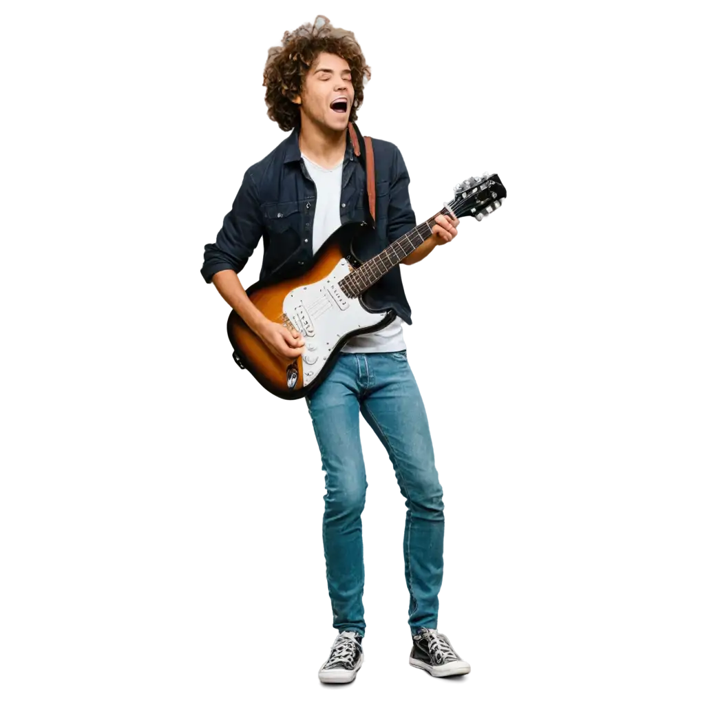 Curly-Haired-Man-Singing-with-Guitar-on-Stage-Vibrant-PNG-Image