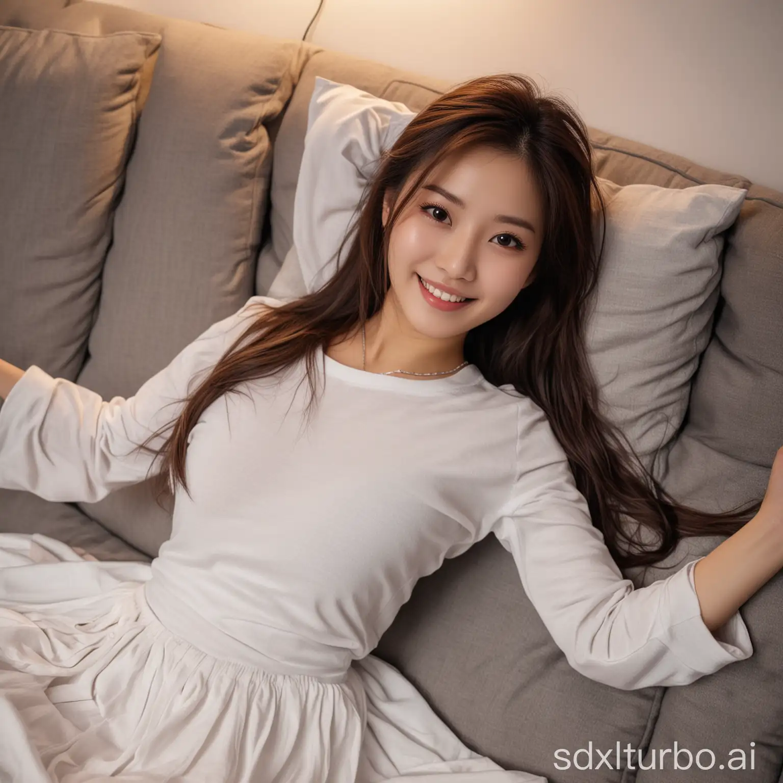 Beautiful-Chinese-Woman-in-Winter-Night-Sweet-Smile-and-Casual-Outfit-on-Sofa