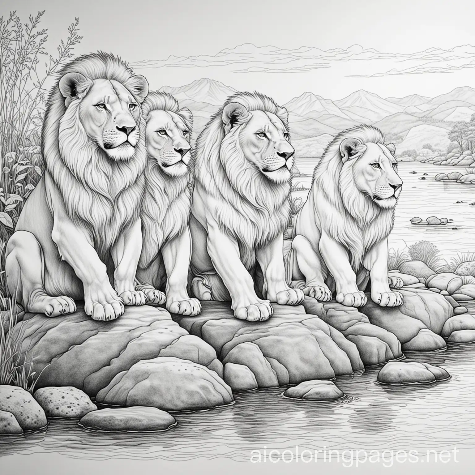 Lions-Observing-Fish-by-the-Riverside-Coloring-Page