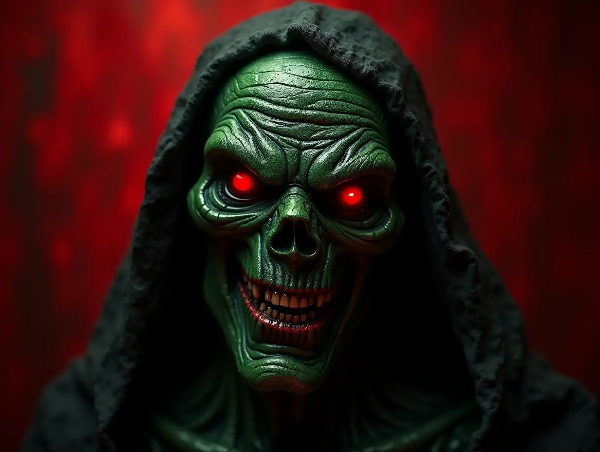 A wonderful mummy of black color. with a split in the teeth. (A wonderfully beautiful mummy of black color. With a split in the teeth. (Poison green), with eyes of demon, on forehead plate of garnet angry face, from nose smoke, background red slime)