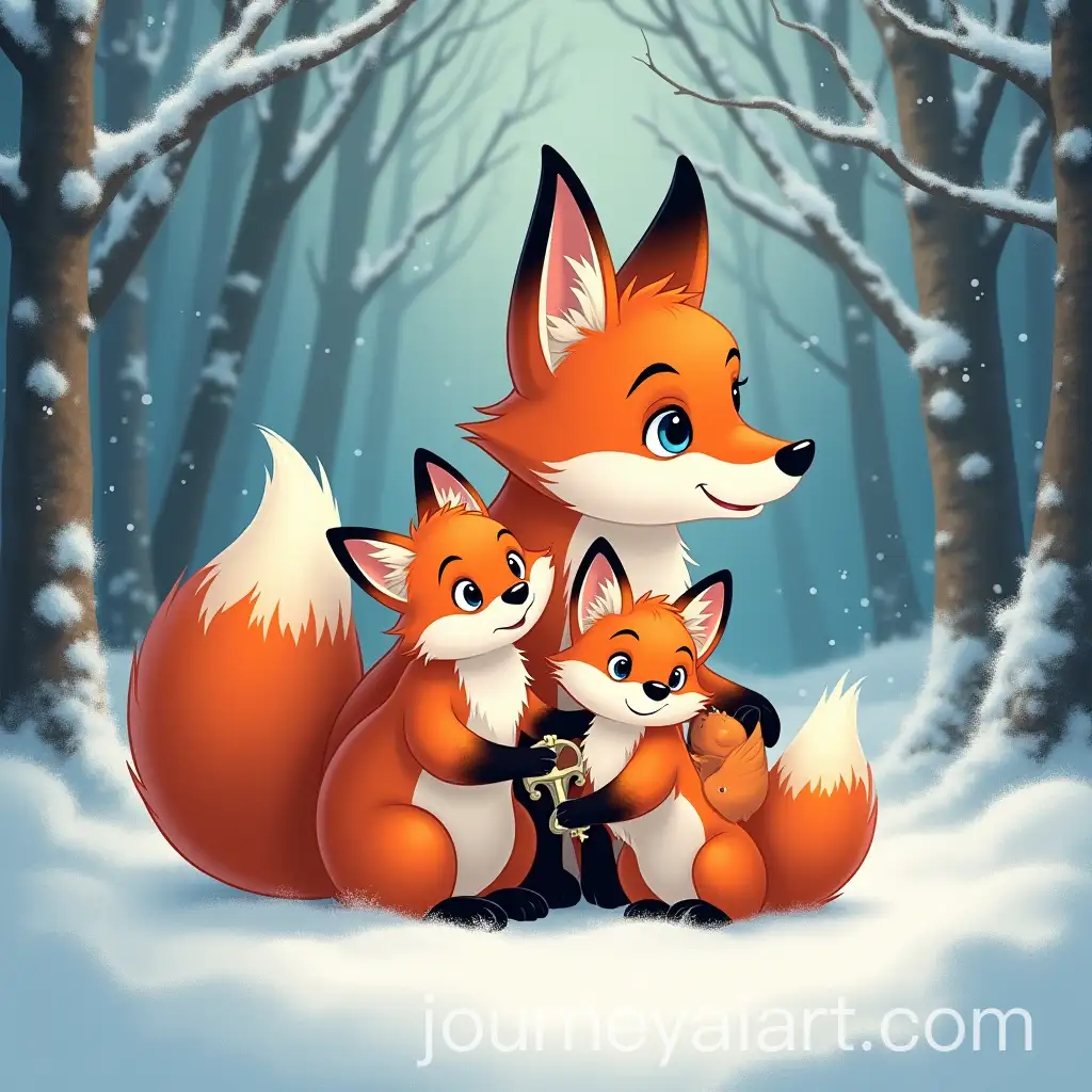 Kind-Red-Fox-and-Her-Cubs-in-a-Magical-Snowy-Forest