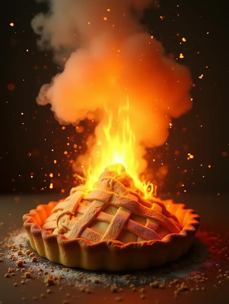 Dramatic dynamic food shot, [apple pie] explodes, erupts, apocalyptic explosion of volcanic food magic