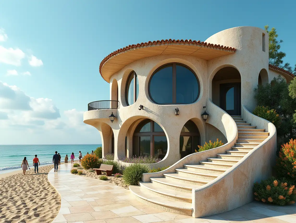 Crooked house with people at the beach Plants with stucco in the form of plant ornaments, large windows with glass closed, curved, smooth window shapes, winding big entrance staircase from marble complex, curved roof with dike, lanterns, bench at the beach with lending view to the sea 4K resolution colorful wide-angle shots