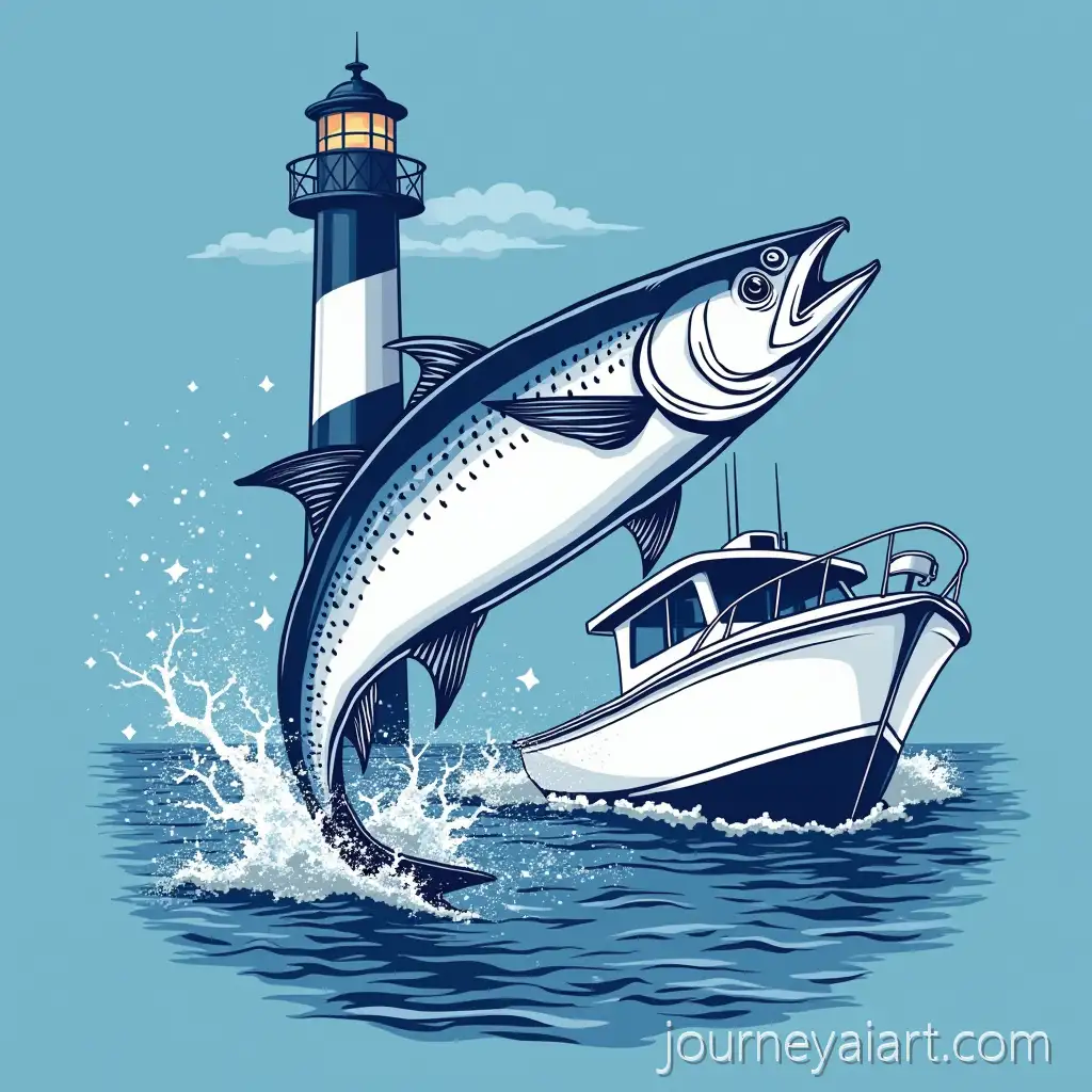 AI-Art-Prompt-ExpansionMinimalist-King-Mackerel-Tshirt-Design-with-Hatteras-Lighthouse-and-Ocean-Blues
