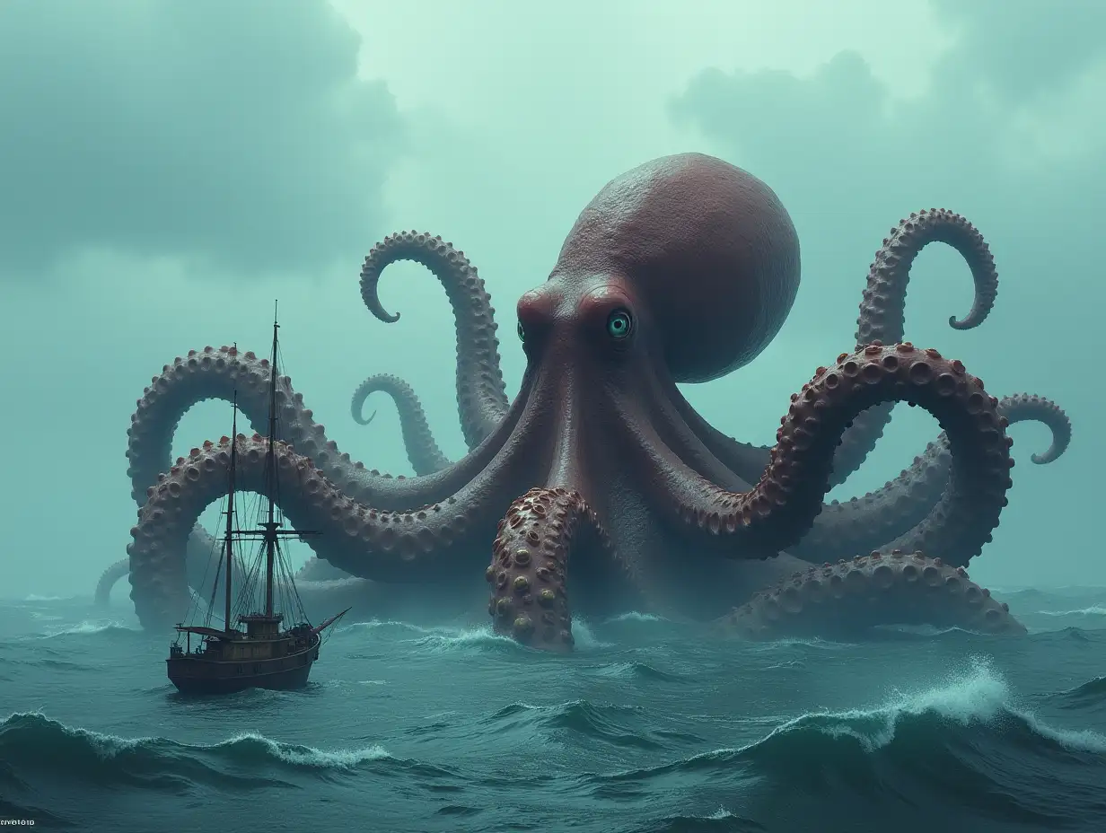 Gigantic Sea Monsters Octopus during the day next to a ship