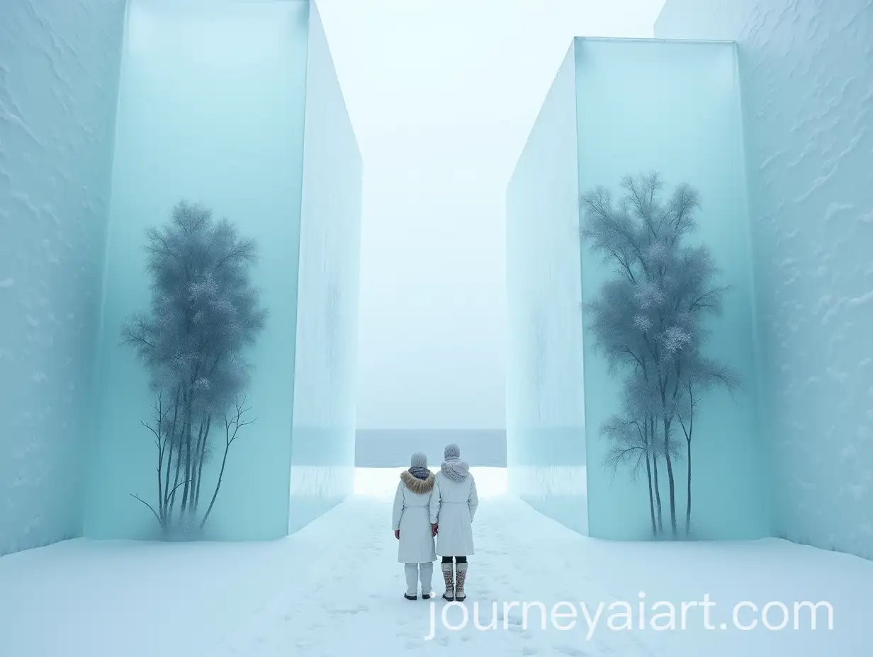 Man-and-Woman-in-White-Clothes-Staring-at-Distant-Sea-Horizon-in-Frozen-Arctic-Landscape