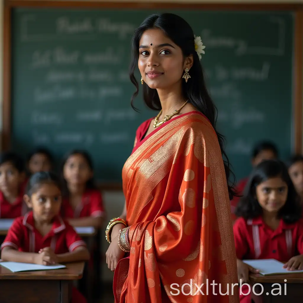 Alluring-South-Indian-Beauty-in-Traditional-Silk-Saree, background classroom with children, black board