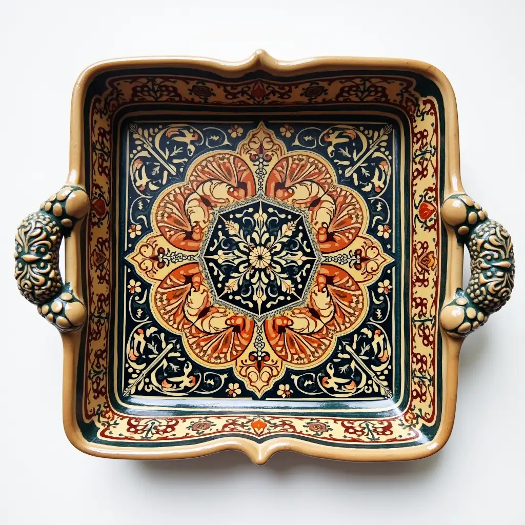 Square with rounded corners ceramic serving dish with embossed beautiful handle, antique and old, Qajar art, Iranian Tabriz carpet design