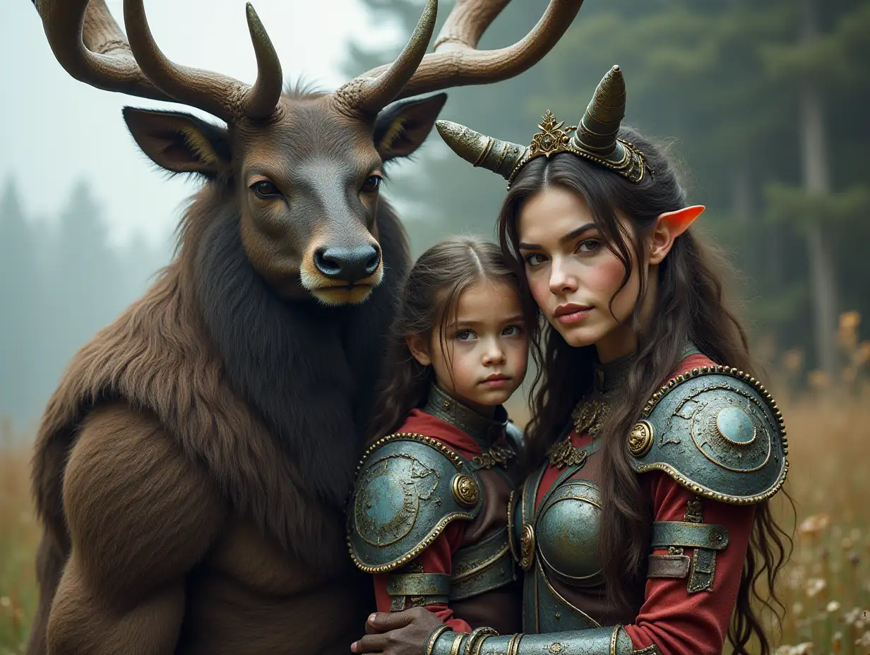 Ki-Fantasy family,Man,Woman, and Children, giant elk face and with glass and metal armor equipment