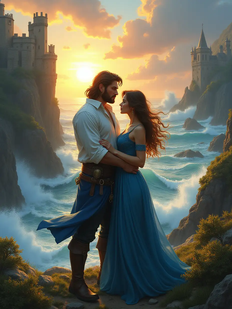 A powerful, handsome hero with flowing hair and a white shirt stands protectively beside a beautiful woman in a blue dress. They are surrounded by a lush, fantastical landscape with towering cliffs, an ancient castle, and crashing waves. The setting sun casts a warm, golden light over the scene, enhancing the romantic and adventurous mood. Created using detailed fantasy art, vivid colors, dynamic lighting, intricate background, hd quality, natural look