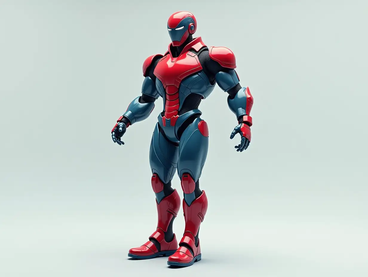 Create a high-resolution, realistic image of a robot, a fashionable red and blue card suit, leather shoes and striking a pose in 4K resolution.