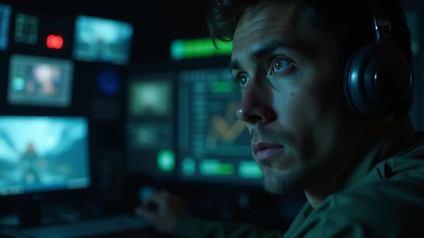 Intense CloseUp of a Technician in a HighTech Military War Room