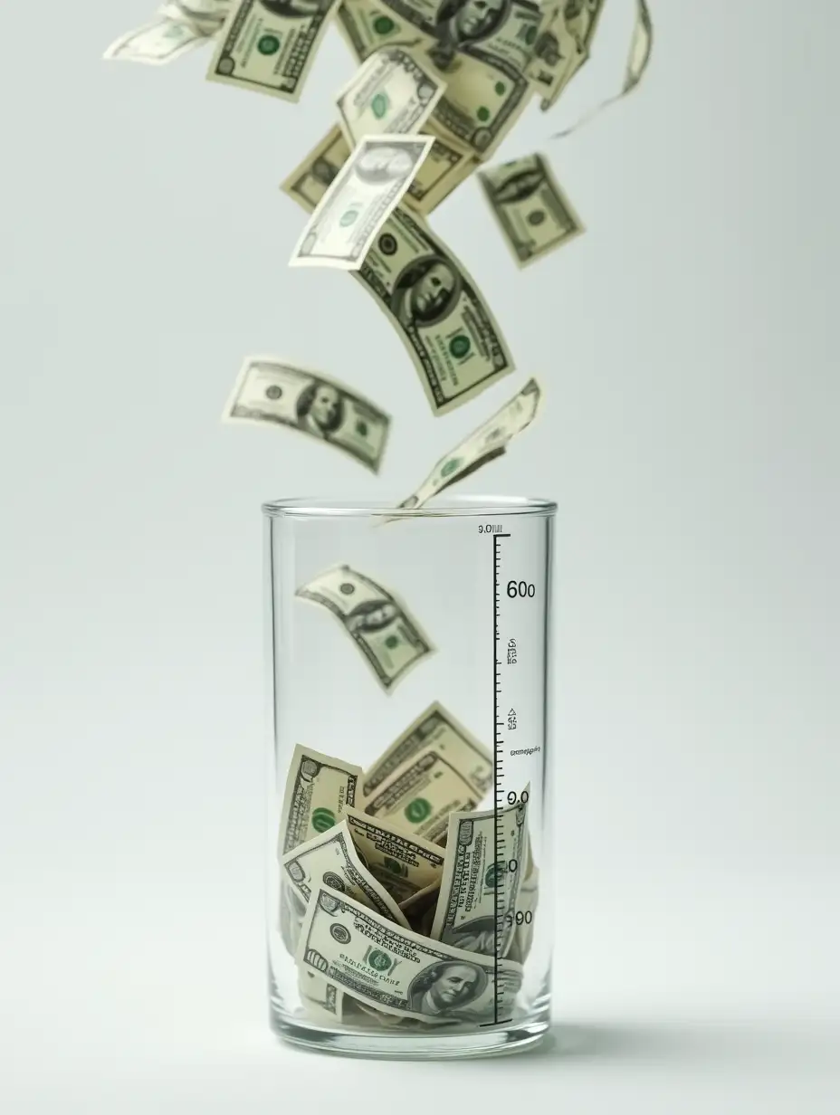 Transparent-Glass-Container-Filling-with-Falling-US-Dollar-Bills