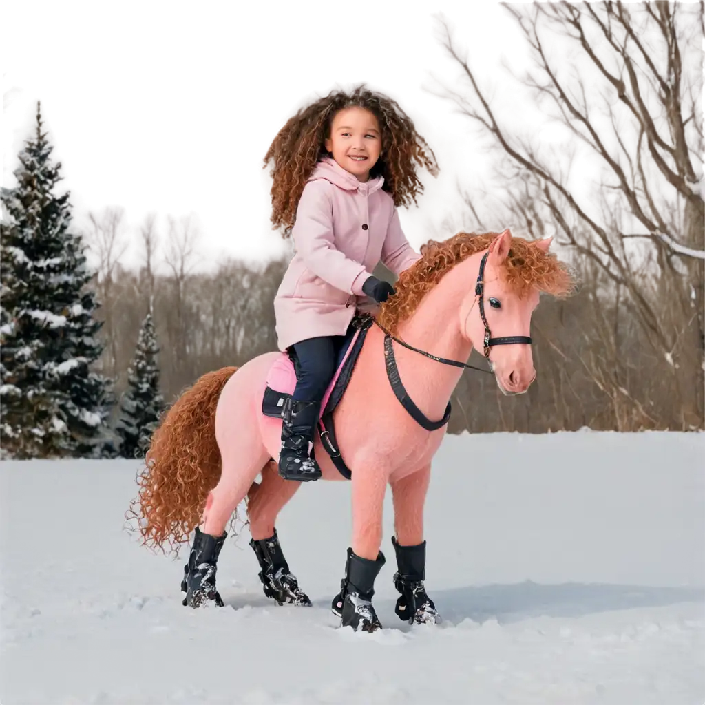 PNG-Image-of-a-Girl-with-Curly-Hair-Playing-in-the-Snow-with-Her-Pink-Pony