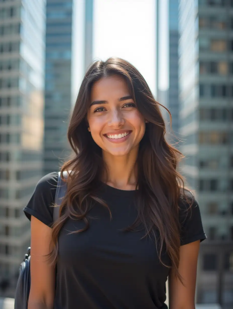 Young-American-Woman-Smiling-in-Front-of-Skyscrapers