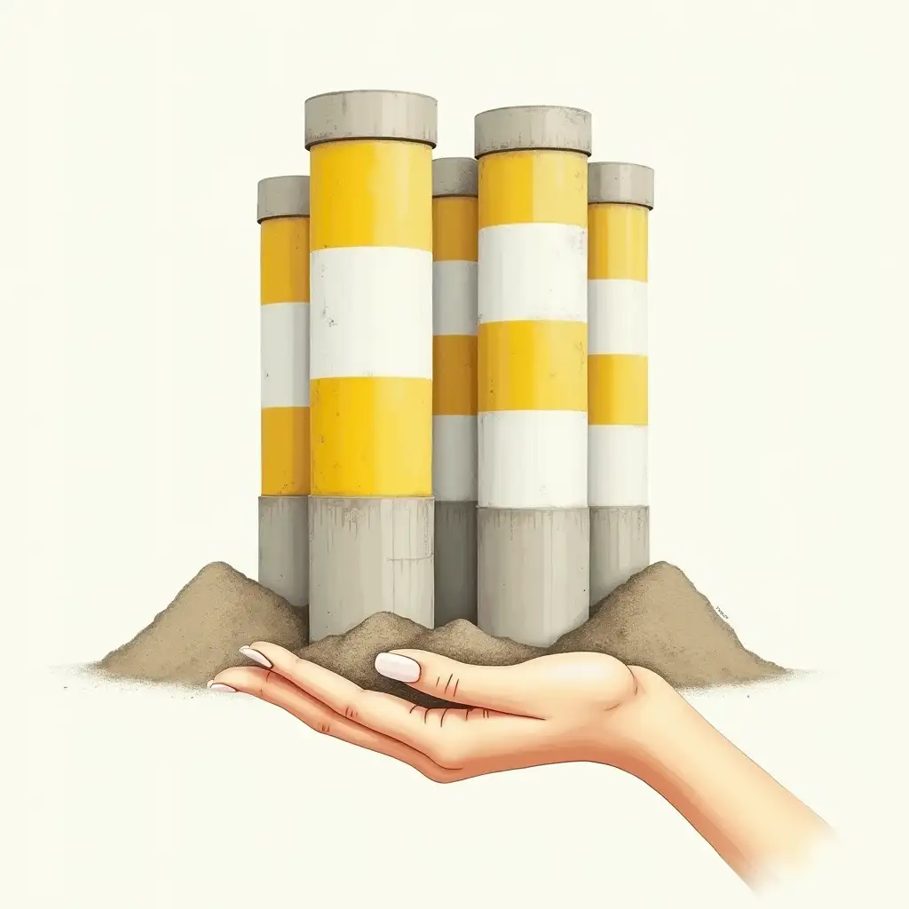 user_prompt: On the image, concrete towers that are used at concrete plants for storing loose materials (cement, sand, gravel). The image includes: 1. Several cylindrical towers painted in yellowish and white stripes. 2. A hand at the bottom supporting these towers symbolically. The drawing clearly shows tower details. It's a gentle human woman's hand.