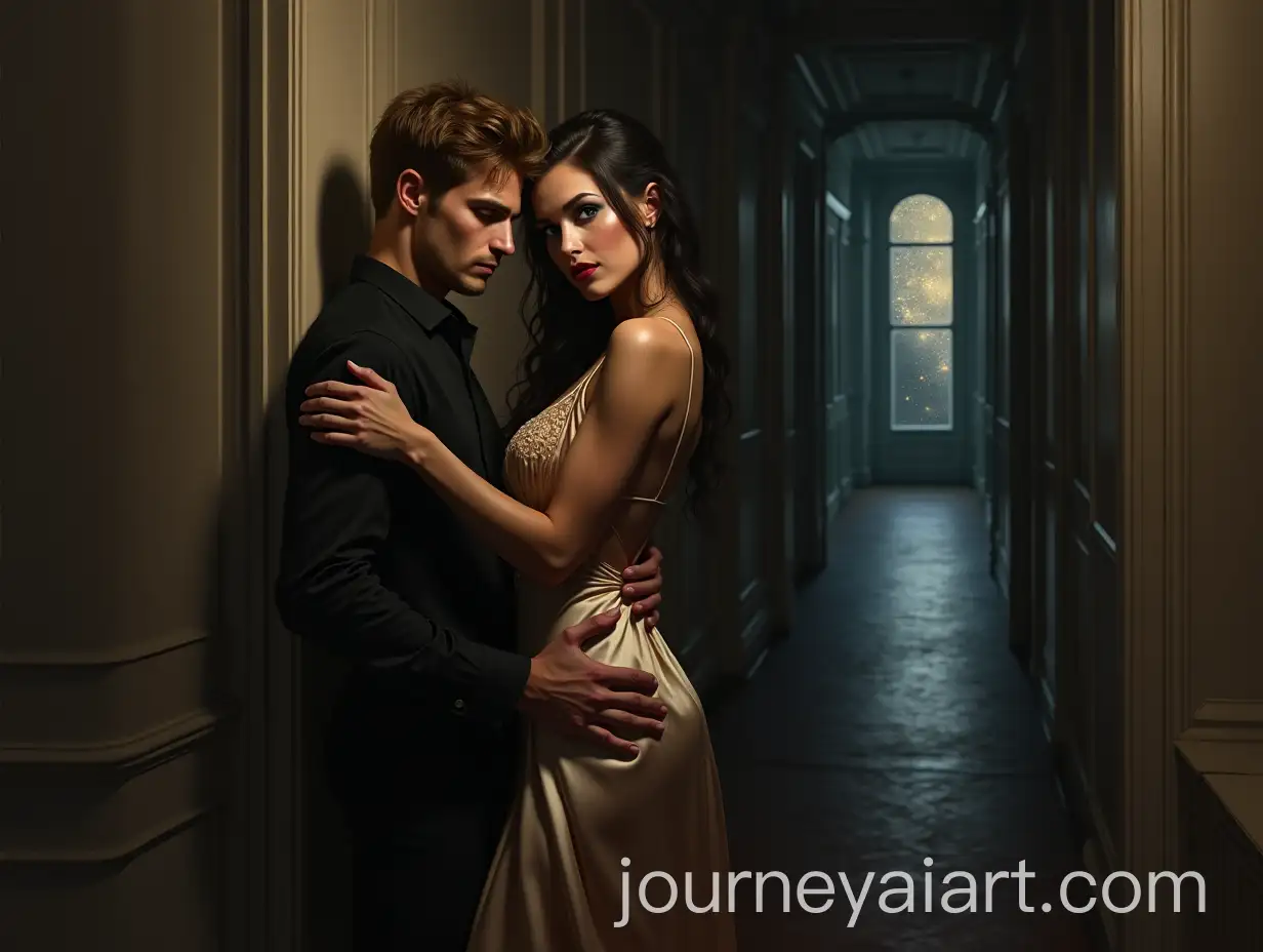 Sorceress-Queen-and-Handsome-Man-in-Dark-Manor-Corridor