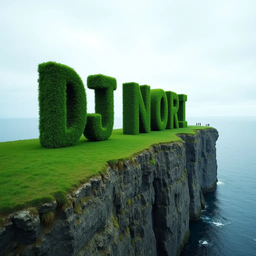 The words DJ NORI made of green grown in the style of hedge letters stands on a high cliff by the sea