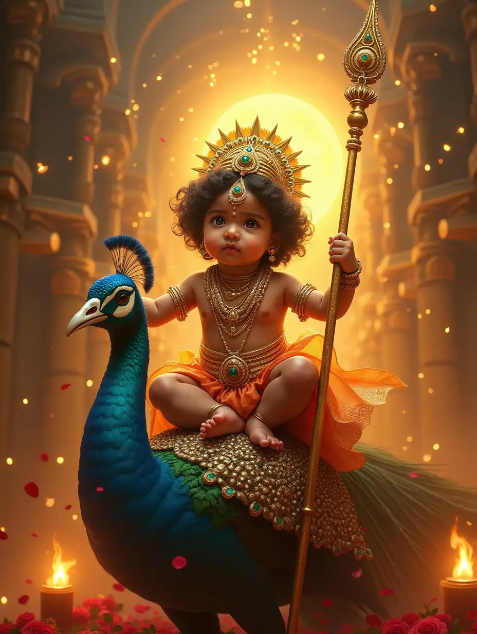 A divine baby Lord Murugan, glowing with an ethereal golden aura, sits atop a majestic peacock adorned with shimmering emerald and sapphire feathers. His deep, expressive eyes radiate compassion and divine wisdom, while a delicate golden crown encrusted with dazzling rubies and pearls rests upon his curly black hair, shimmering under the sacred full moon of Thaipusam. He gracefully lifts his radiant Vel (spear), which pulsates with cosmic energy, symbolizing divine protection and justice. His intricately woven silk garments, adorned with celestial Tamil patterns, gently ripple in the soft temple breeze as golden light envelops his form.The scene unfolds in a grand Tamil temple, where thousands of flickering oil lamps illuminate intricately carved stone pillars. Devotees, dressed in vibrant traditional attire, carry elaborately decorated Kavadi, moving in slow reverence as they chant 'Vel Vel Muruga!' The air is thick with the scent of burning camphor, fresh jasmine, and sandalwood. From the heavens, celestial beings shower delicate rose petals, which float gracefully through the illuminated temple courtyard  --v 6 --ar 16:9 --q 2 --style 4b