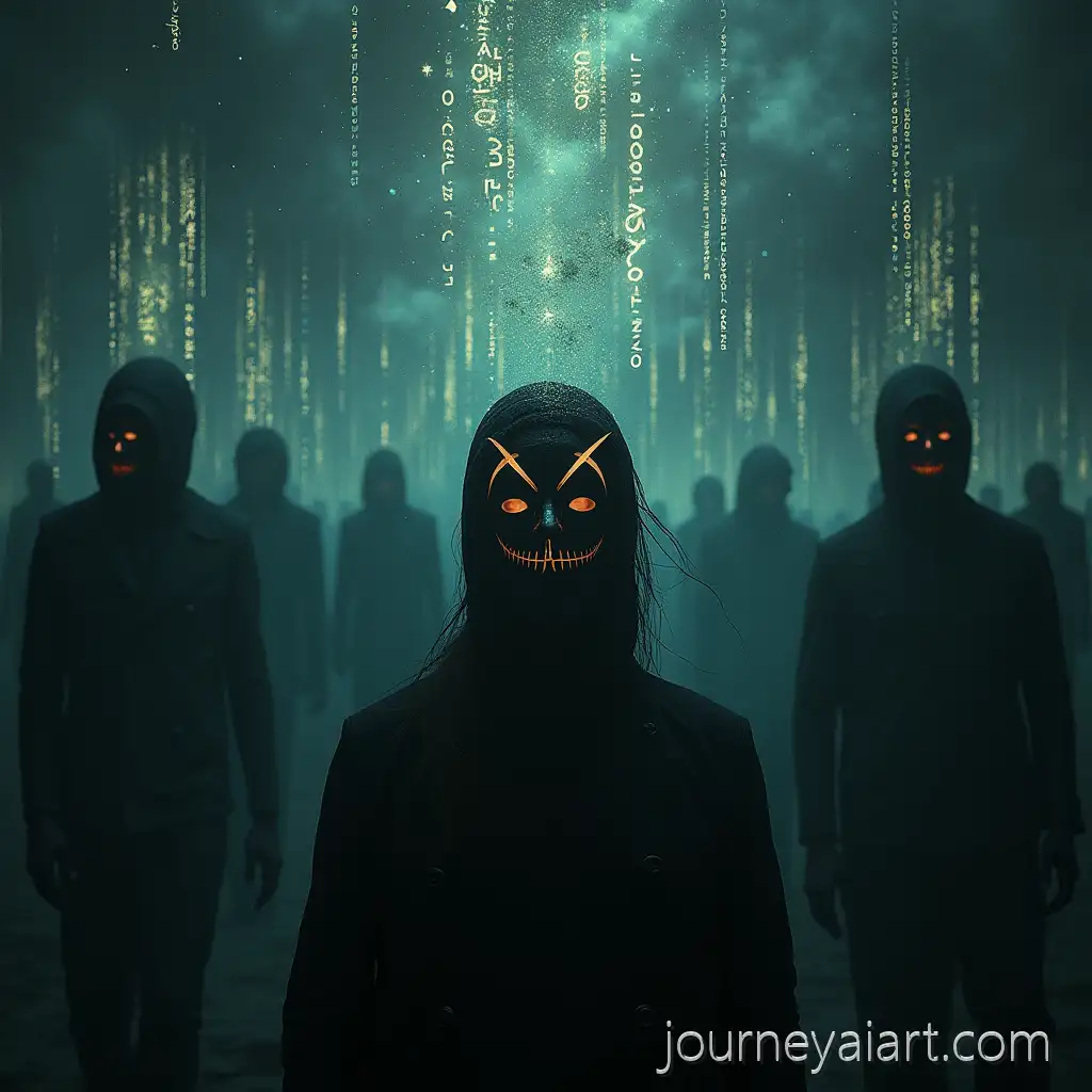Surreal-Concept-Art-of-Masked-Figures-in-a-Dreamlike-World-of-Floating-Symbols-and-Glowing-Codes
