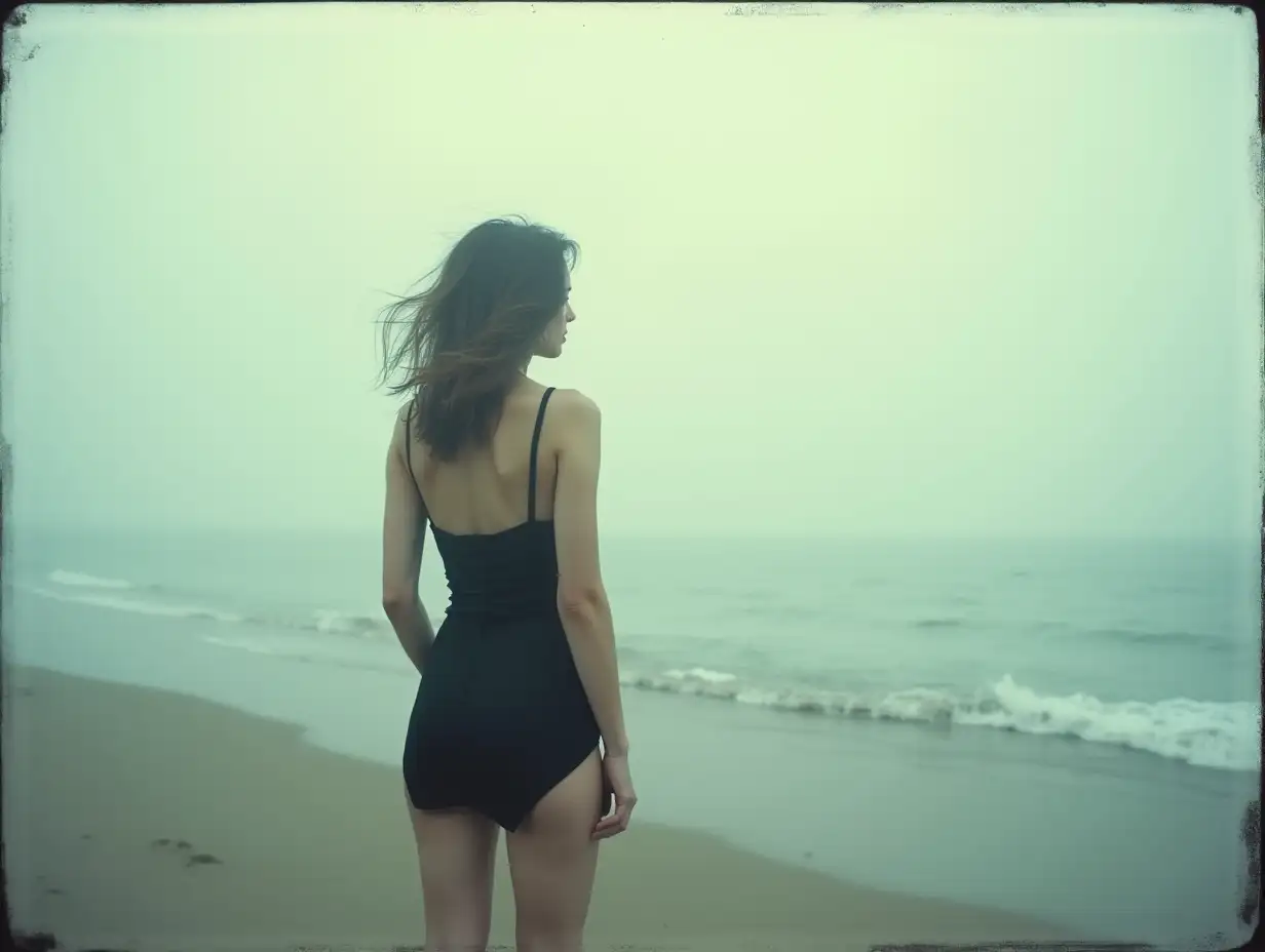 Russian-Girl-in-Black-Dress-on-Foggy-Beach-PolaroidStyle-Photograph