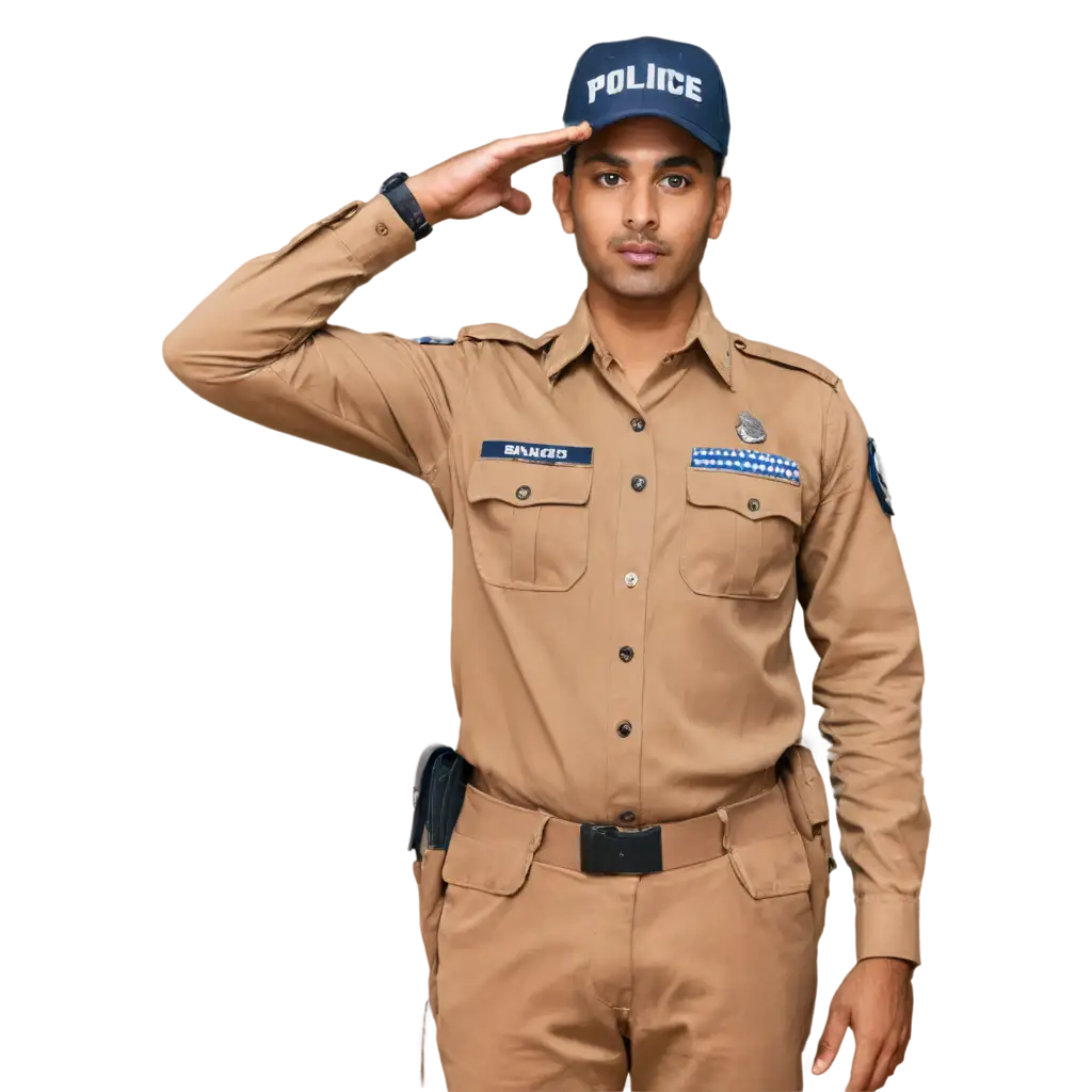 an Indian police man with khaki uniform and very motivating face