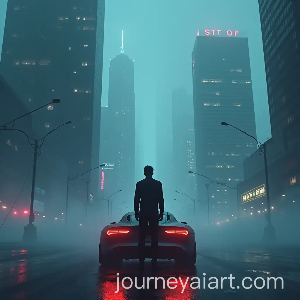 Man-Standing-in-Front-of-Futuristic-Sedan-with-Skyscrapers-and-Fog-in-Dark-Future-Cityscape