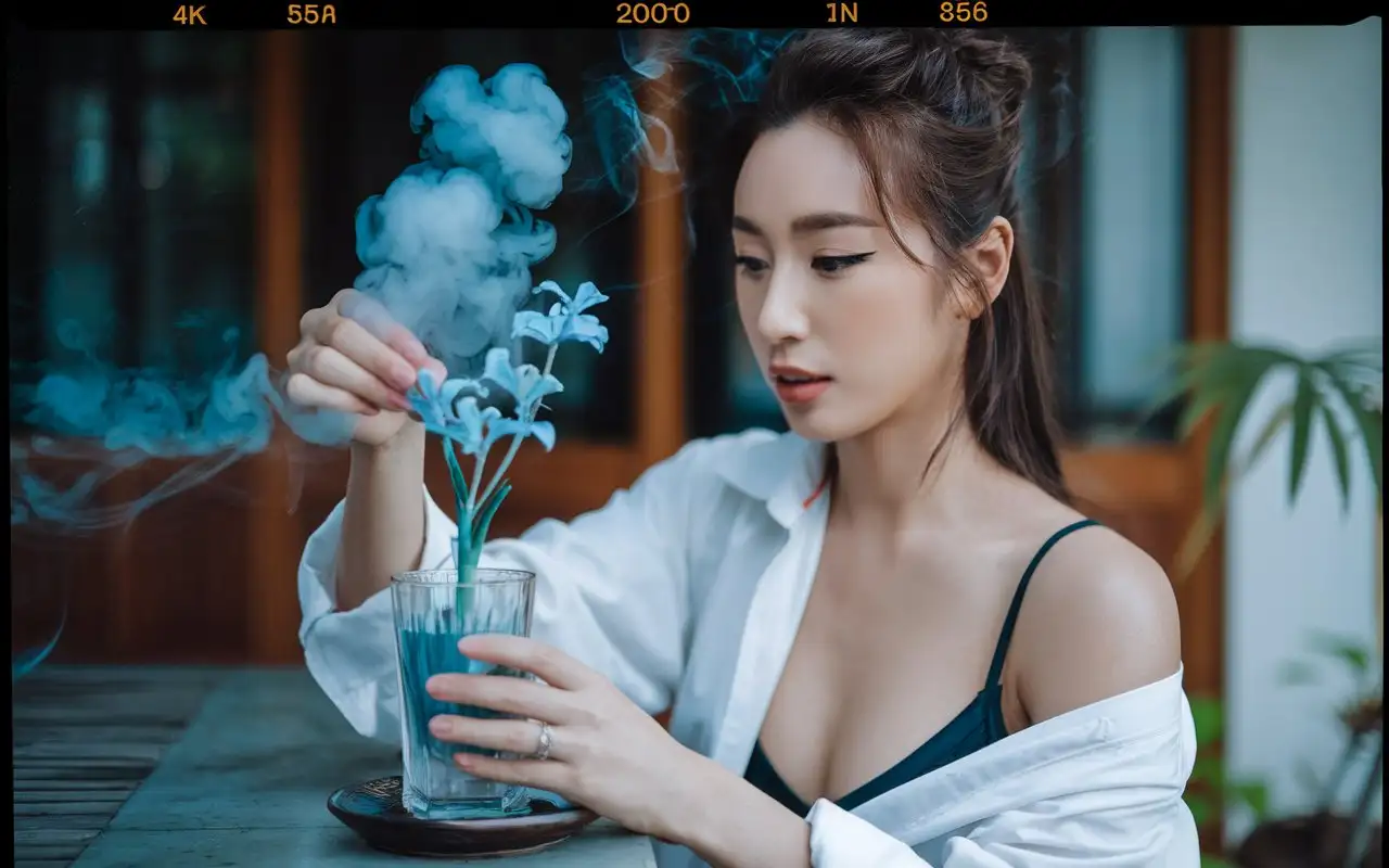 Asian-Woman-Adding-Mysterious-Blue-Plant-to-Hot-Water-in-Villa