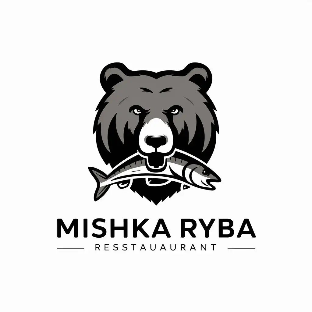 a vector logo design,with the text "mishka ryba", main symbol:head of a bear eating fish,complex,be used in Restaurant industry,clear background