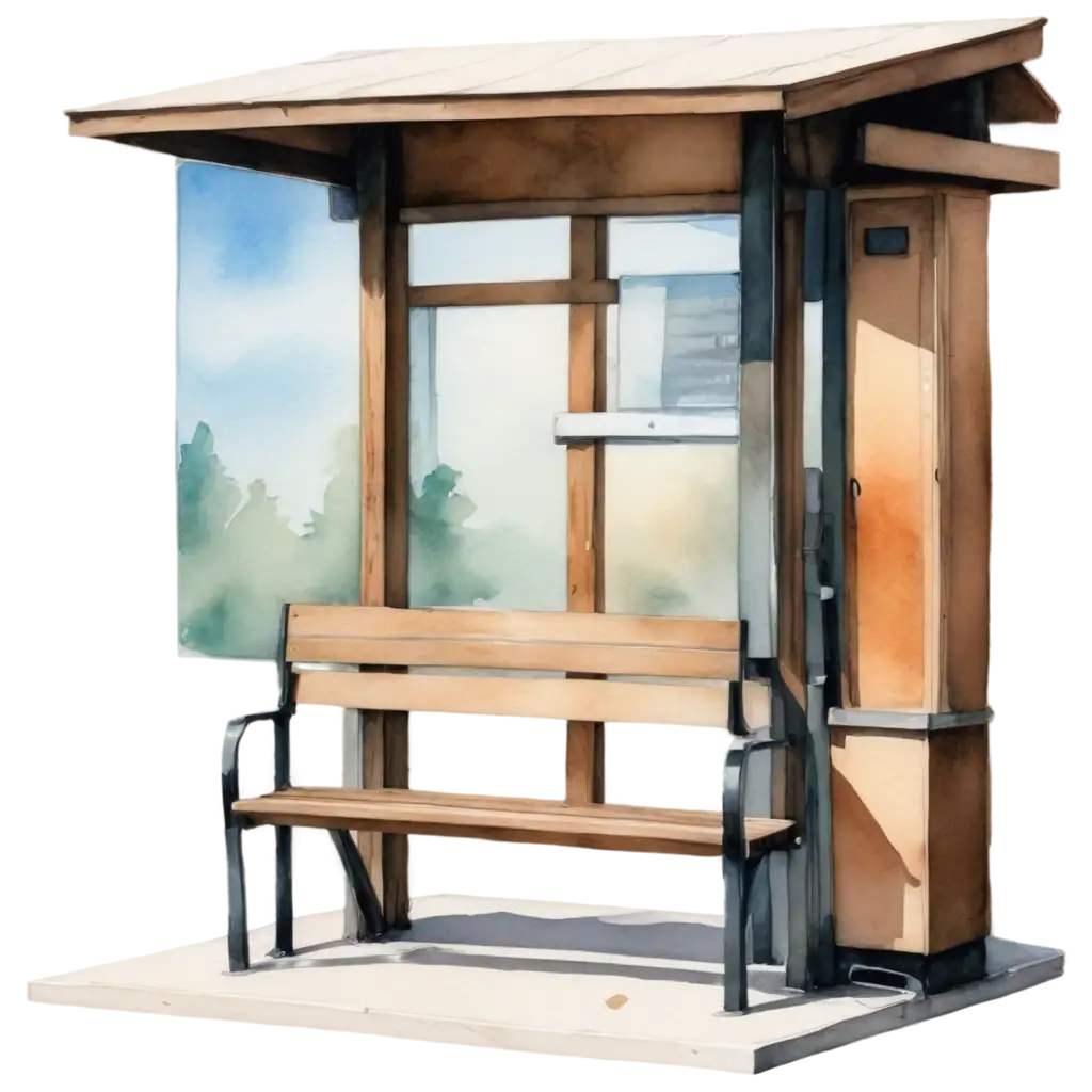 Watercolor-PNG-of-Rustic-Bus-Stop-Shelter-Urban-Landscape-Illustration-with-Detailed-Architectural-Elements