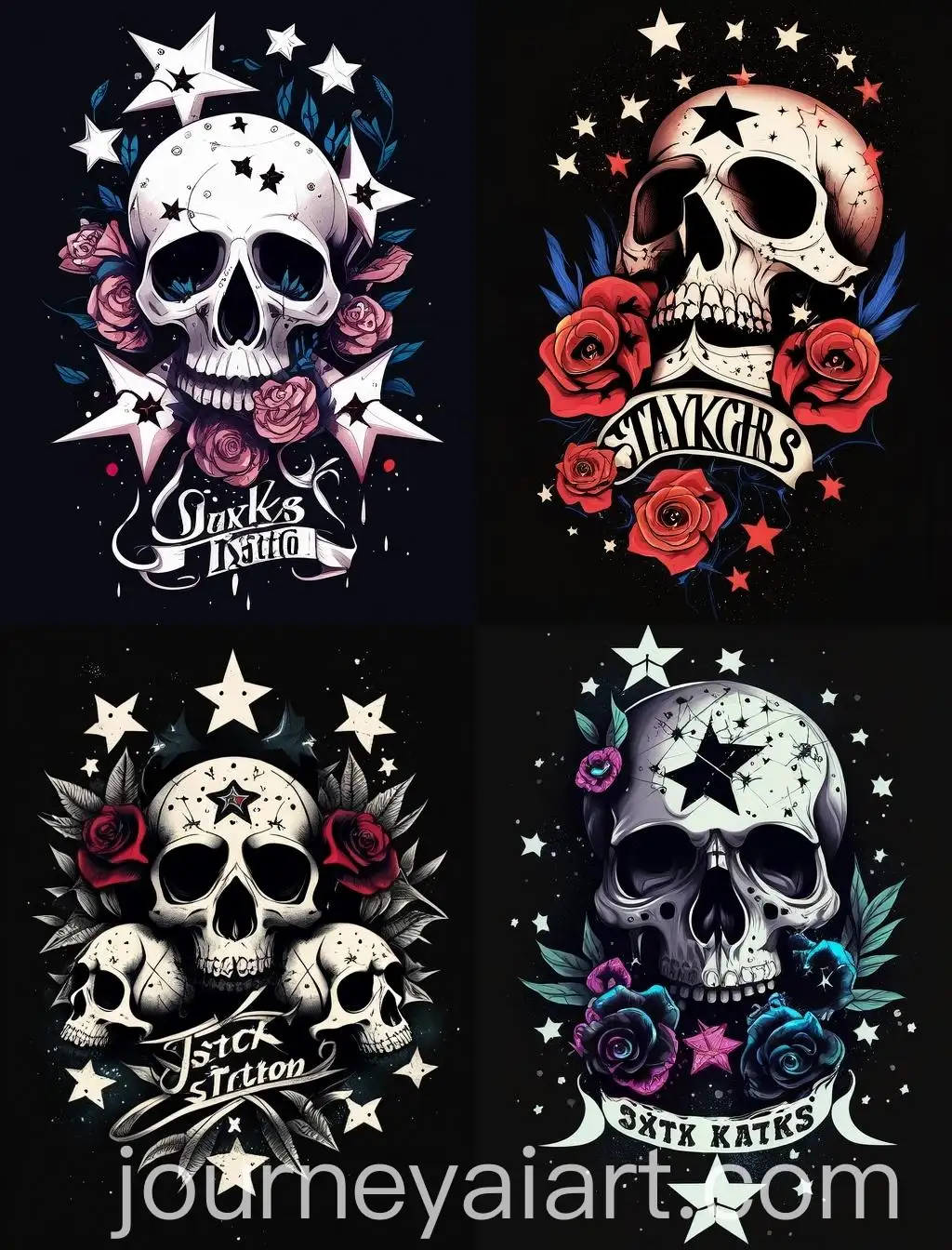 Skull-with-Roses-and-Stars-in-Ink-Dripping-Art