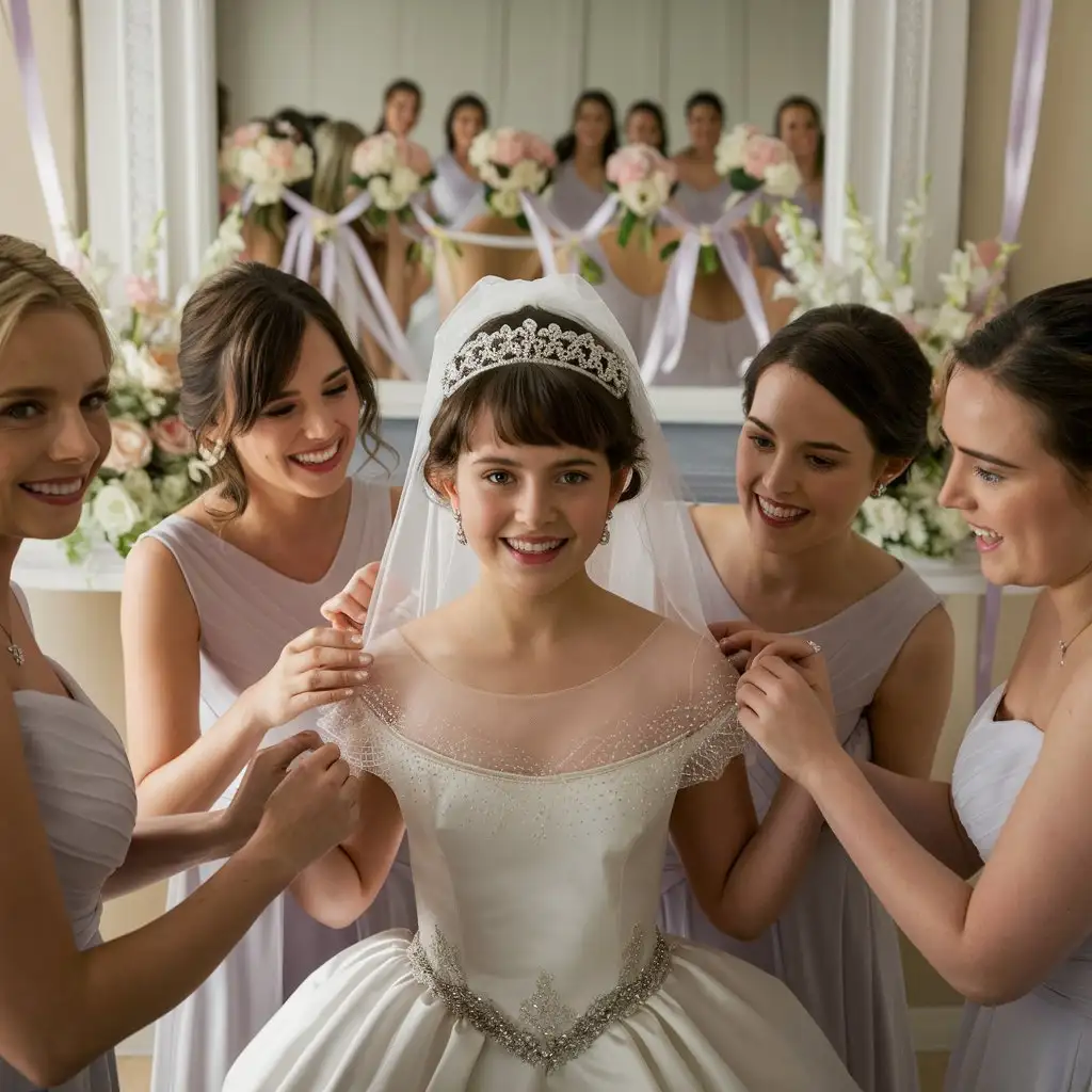 A young bride dresses for her wedding with the help of her bridesmaids. There is a mirror.