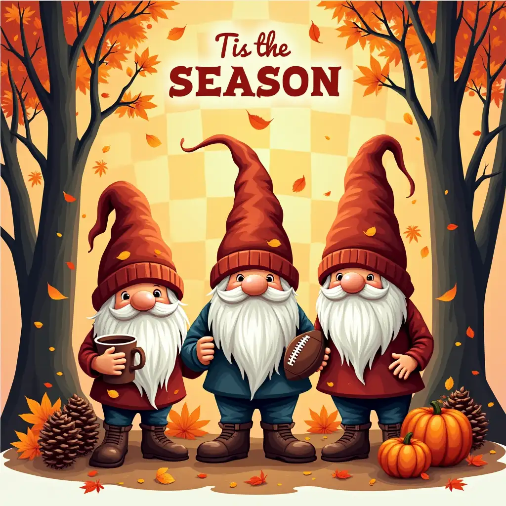 Vector. the text 'Tis The SEASON' above it. Three autumnal gnomes standing in a forest. The gnome on the left holds a mug of hot cocoa, the gnome in the middle holds a football, and the gnome on the right holds a pumpkin. Surrounding them are fallen leaves, pine cones, and branches. The background is a checkered pattern in orange and white. neon